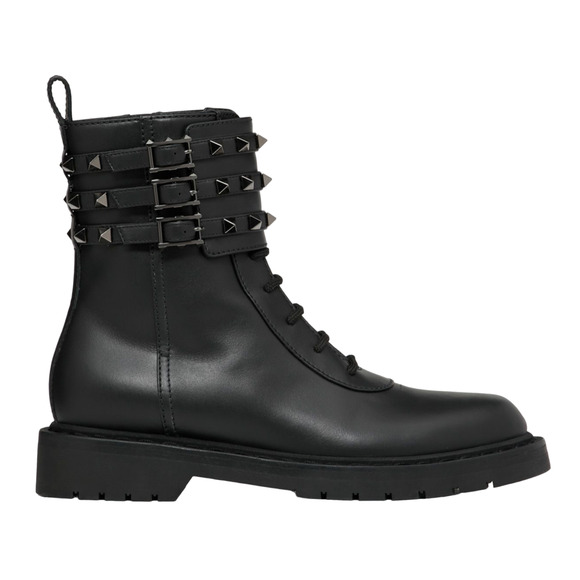 Valentino Rockstud Combat 20 Black Leather Stud Short Biker Ankle Flat Boot 36.5 - Picture 1 of 12